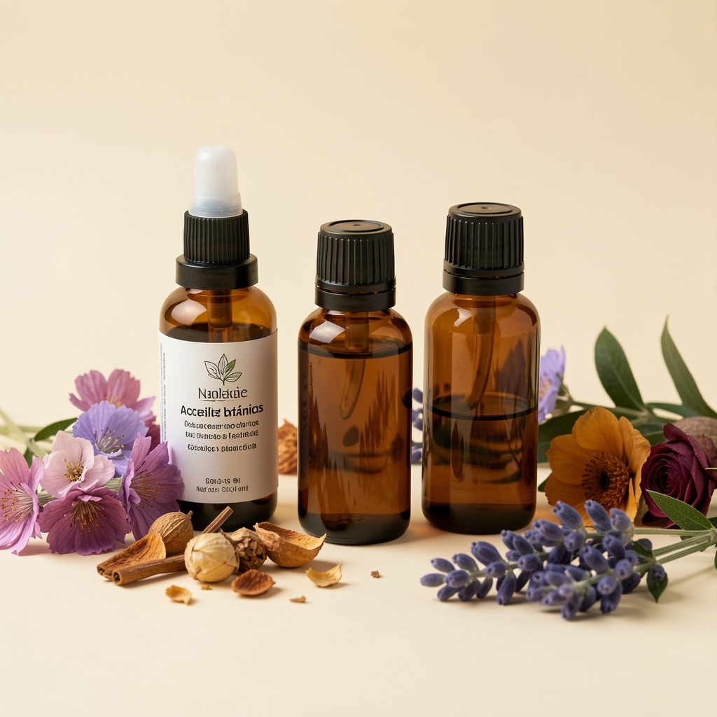 Composición de aceites botánicos, flores secas y envases de cosmética natural sobre fondo crema
