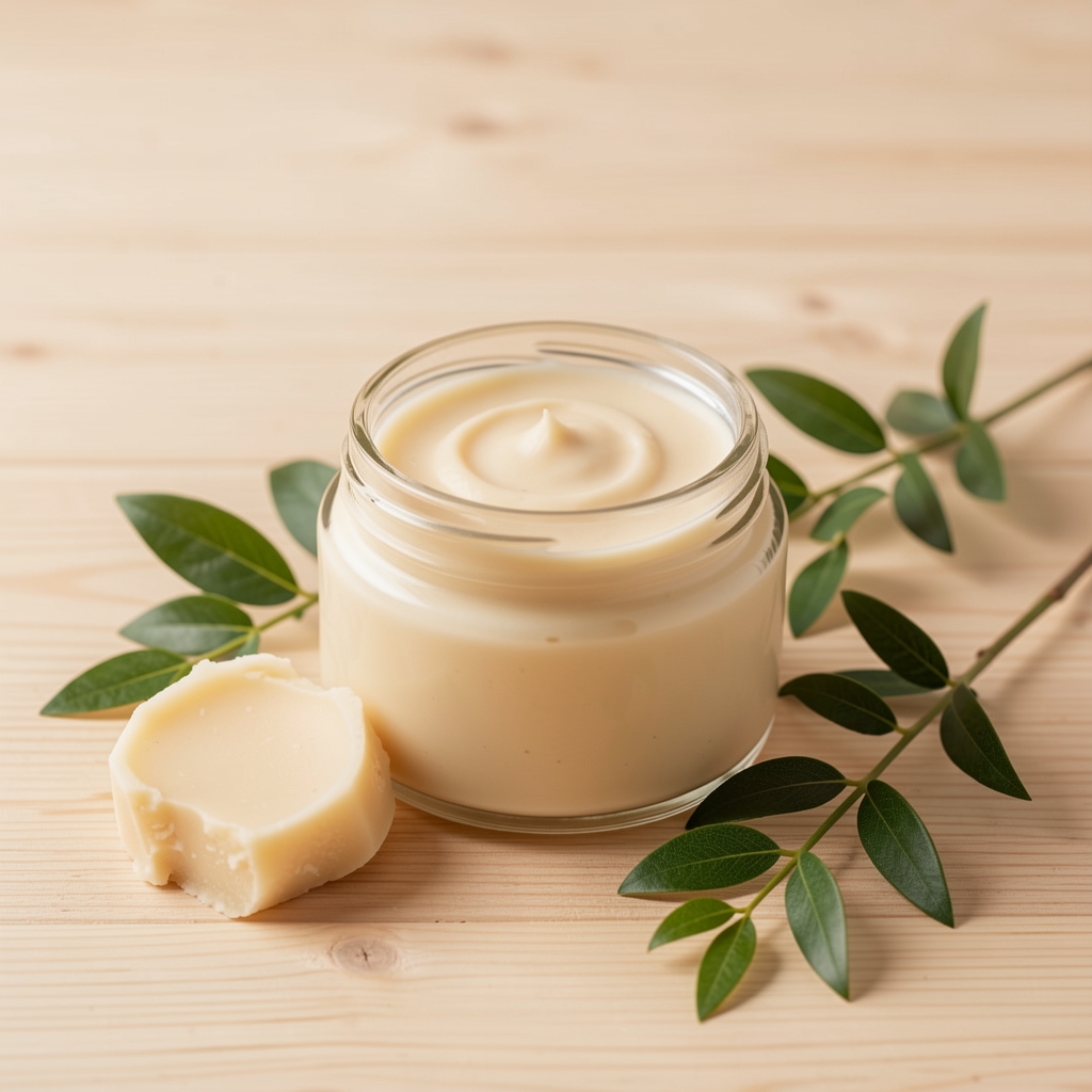 Crema corporal natural en tarro de vidrio junto a manteca de karité y ramas verdes sobre madera clara