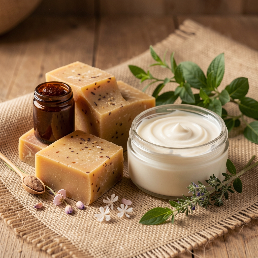 Jabones artesanales y crema corporal de ingredientes botánicos sobre lino natural