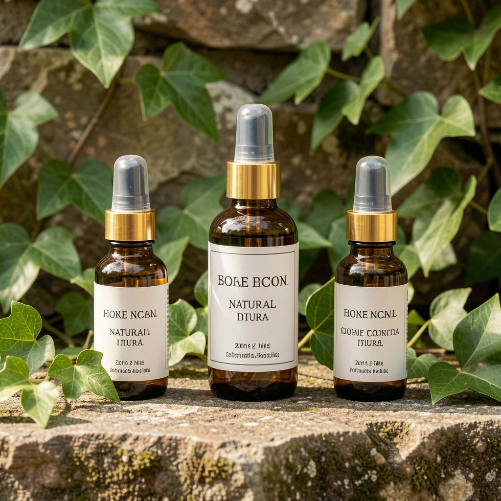 Colección de frascos de cosmética natural sobre fondo de piedra y hojas verdes