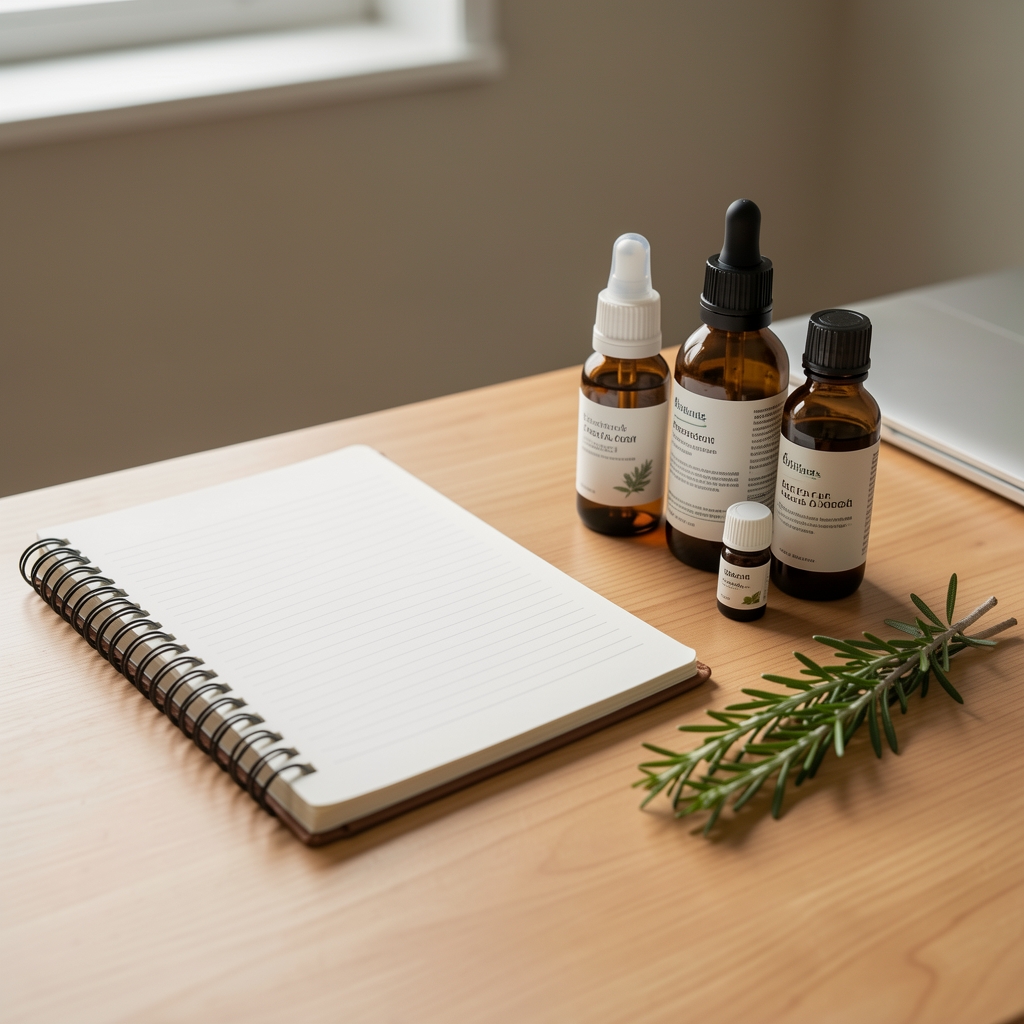 Mostrador luminoso con productos de cosmética natural y una tarjeta de contacto sobre madera clara