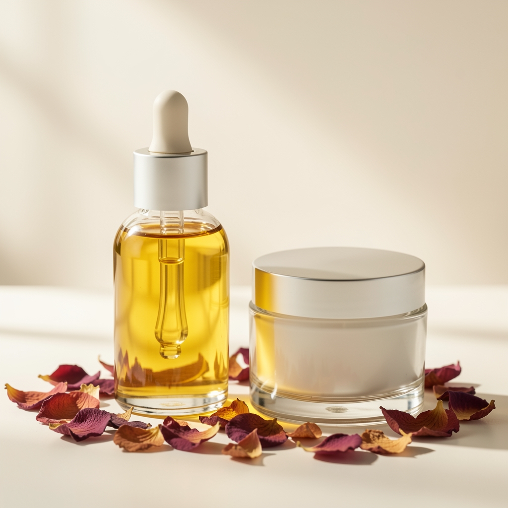 Sérum facial y crema botánica en envases de vidrio junto a pétalos secos sobre fondo luminoso