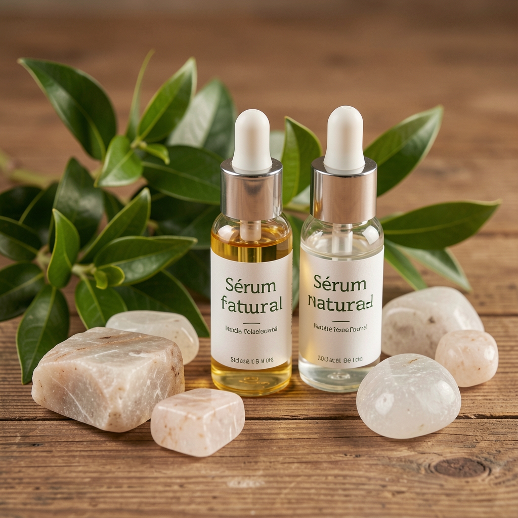 Frascos de sérum facial natural junto a hojas verdes y piedras claras sobre una mesa de madera