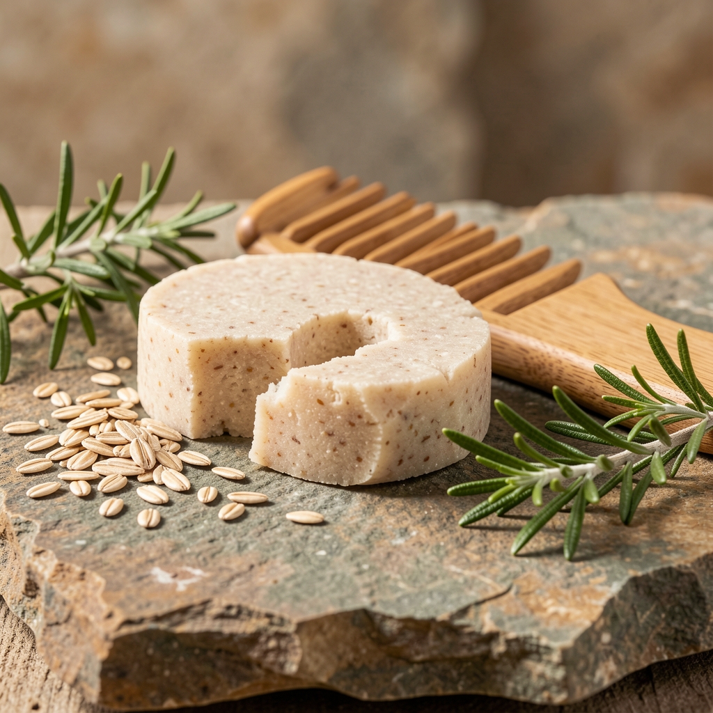 Champú sólido y peine de madera junto a avena y hojas de romero sobre piedra natural