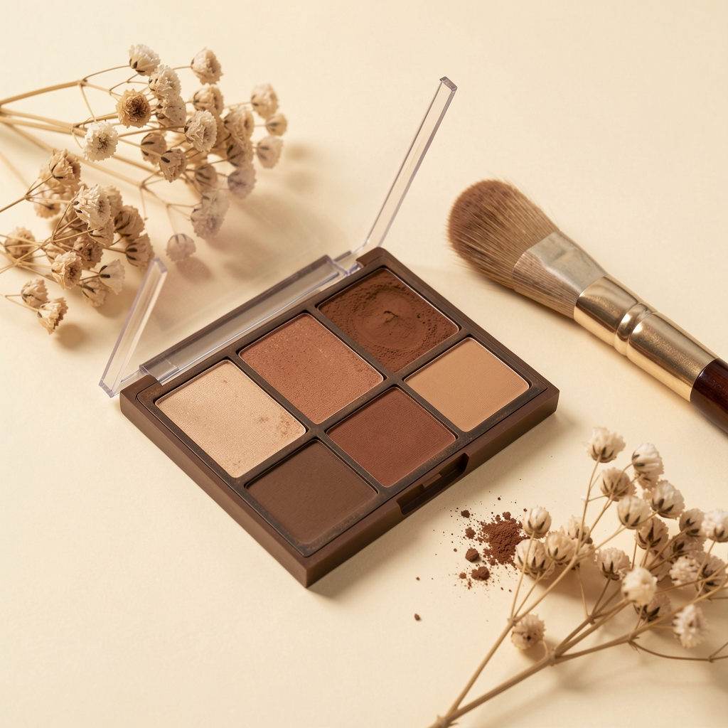 Paleta de maquillaje mineral en tonos tierra junto a pincel y flores secas sobre fondo crema