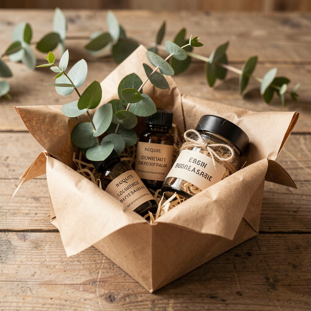 Paquete de cosmética artesanal preparado con papel reciclado y una ramita de eucalipto