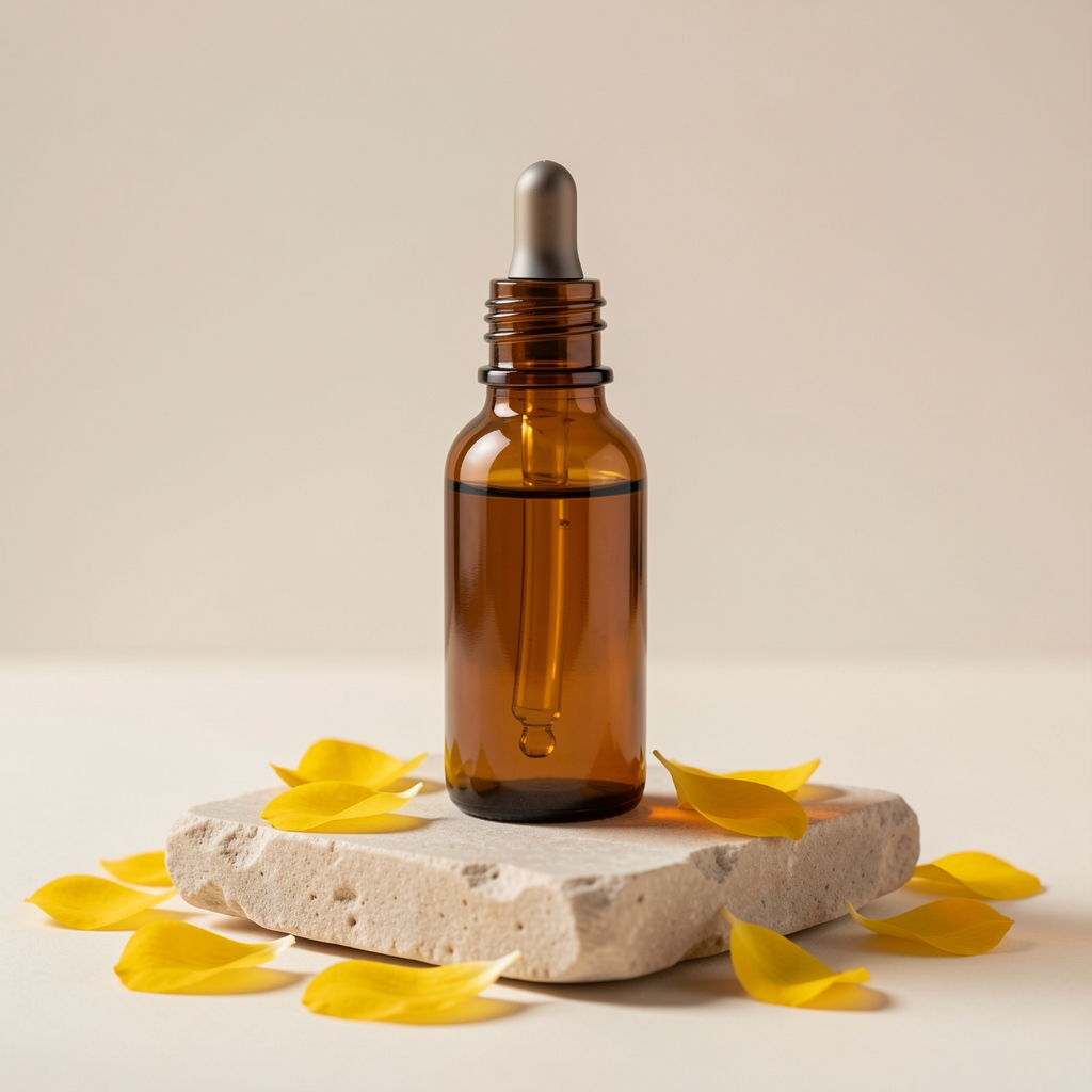 Frasco ámbar de sérum facial de caléndula con gotero sobre piedra clara y pétalos amarillos