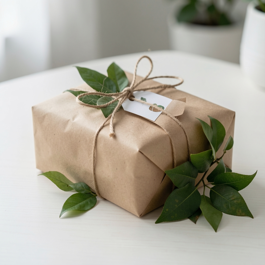 Paquete de cosmética natural cuidadosamente envuelto con papel reciclado y hojas sobre una mesa clara