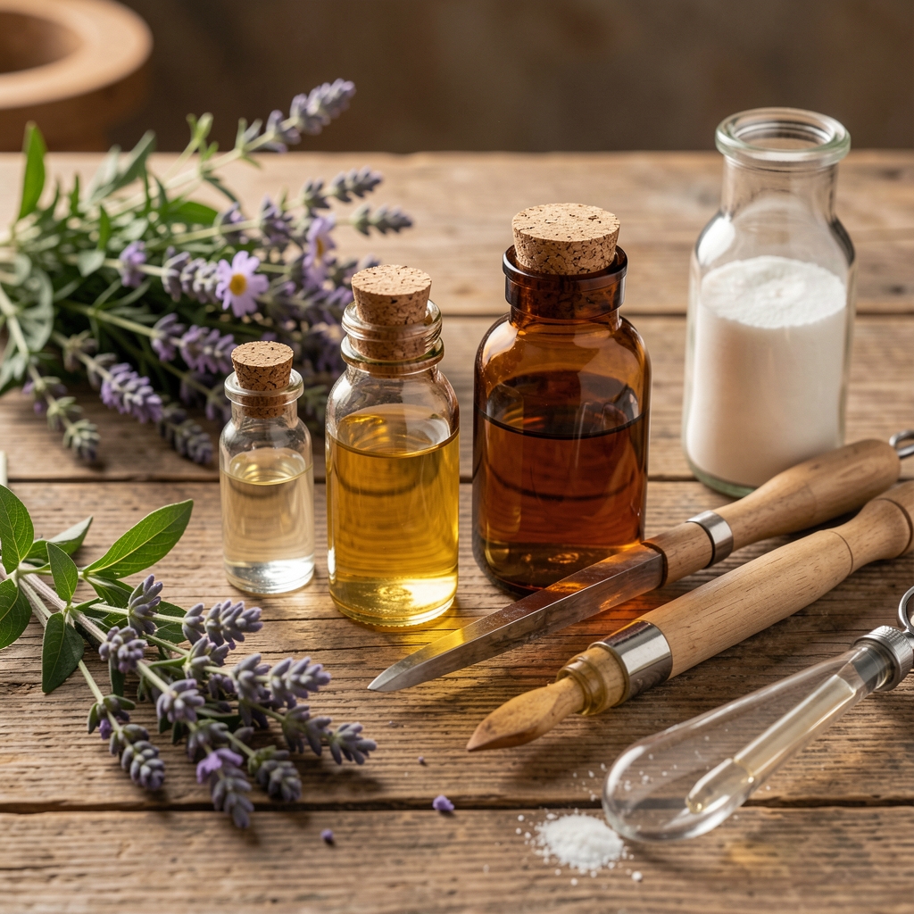 Ingredientes botánicos, frascos de vidrio y herramientas de formulación artesanal sobre una mesa natural